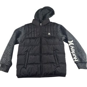 Hurley Boys 10-12 Black Puffer Vest Hooded Jacket Full Zip Youth Medium